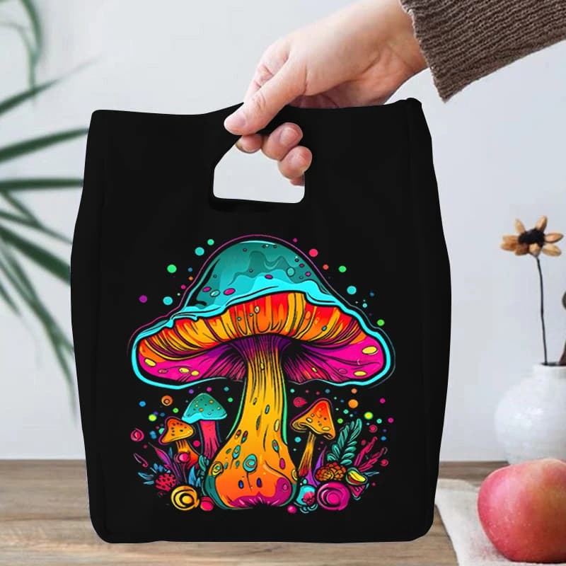 Borsa per il pranzo in tela con motivo funghi acquerello Ragazzi Ragazze Divertente gatto Fungo Design Borse Bento portatili Scatole termiche riutilizzabili