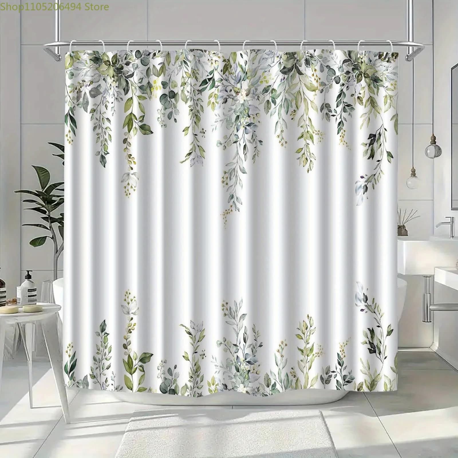 Tenda da doccia moderna con foglie di vite botanica da 1 pezzo - Divisorio per pannelli per finestre da bagno con fogliame verde, tessuto lavabile in lavatrice