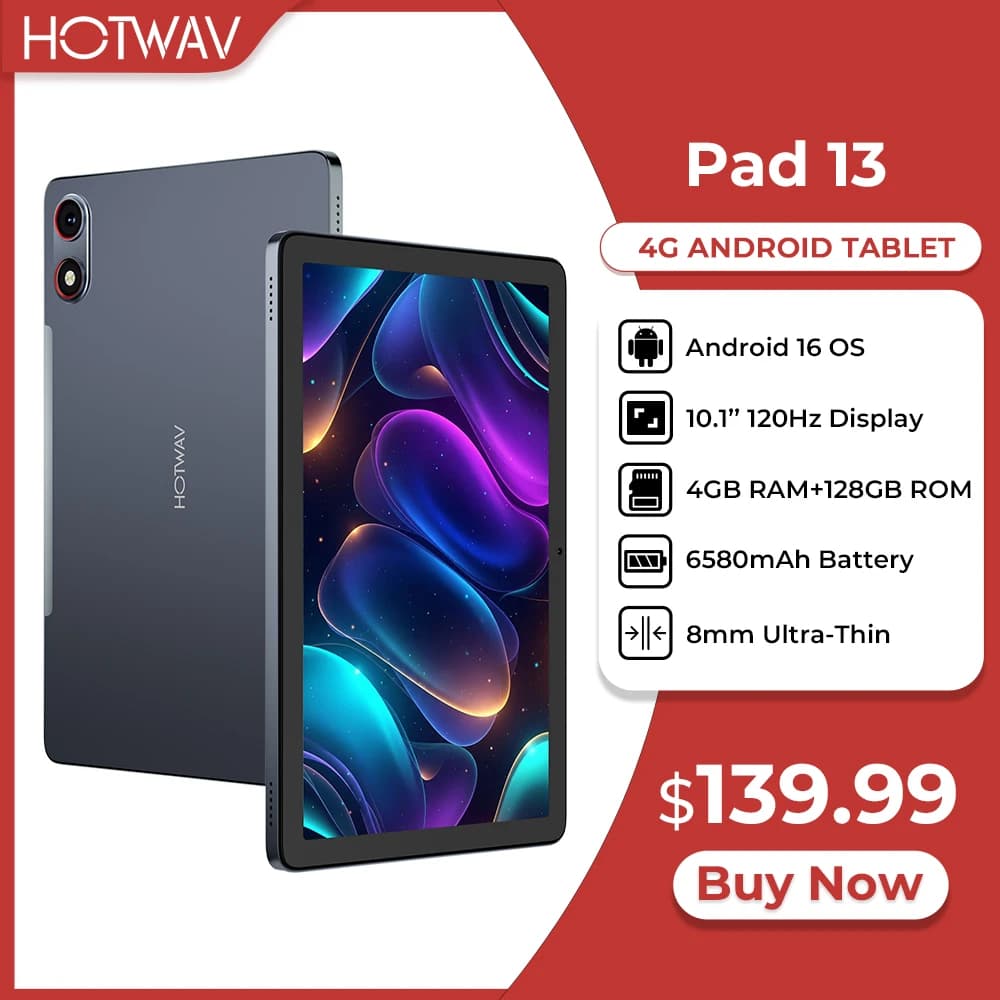 HOTWAV Pad 13 Tablet Ultra-Sottile e Leggero, Sistema Operativo Android 16, Schermo 10.1'' 120Hz, 4GB RAM, 128GB ROM, Batteria 6580mAh, Tablet PC Octa-core