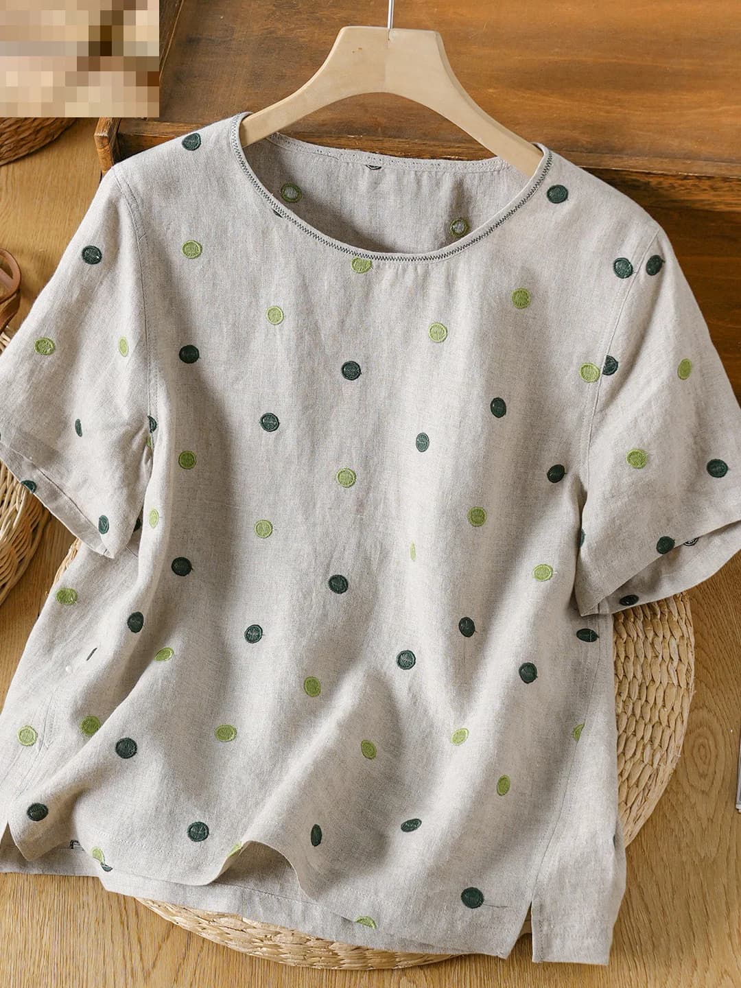 Retro Design Polka Dot Embroidery T-Shirt Women Summer Loose Slim round Neck Short Sleeve Top Comfortable Breathable Casual S...