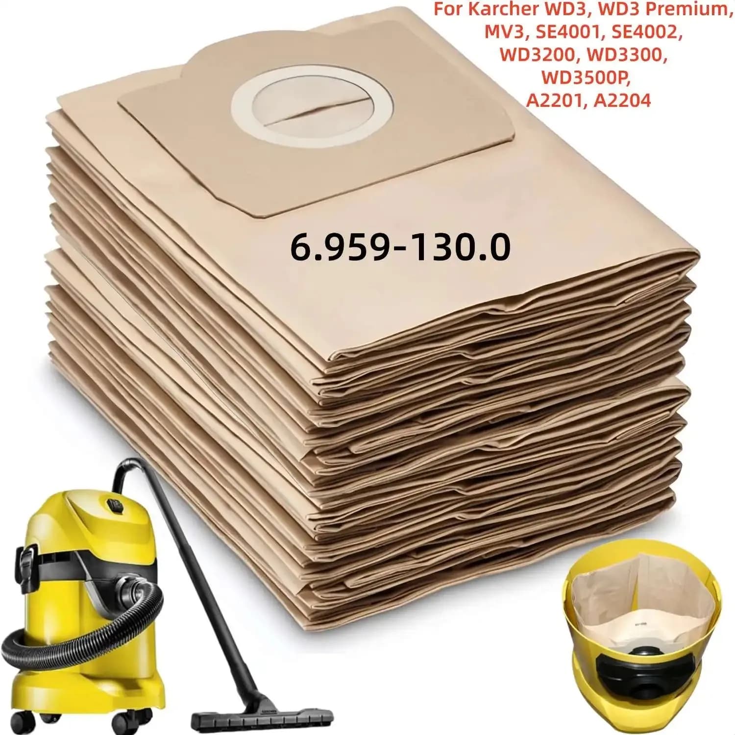 Sacchetti per aspirapolvere Karcher 6.959-130.0 WD3 MV3 WD3 Premium Wet & Dry, SE4001 MV1 WD3200 WD3300 A2204 A2656