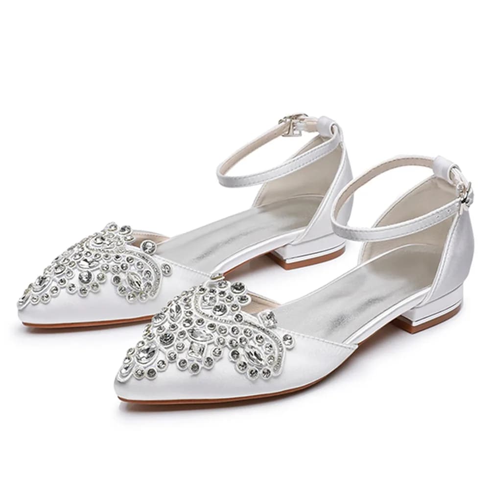 Primavera ed estate cinturino in raso con strass a punta tacco piatto scarpe da sposa tacco quadrato tacco basso 43 sandali da donna di grandi dimensioni