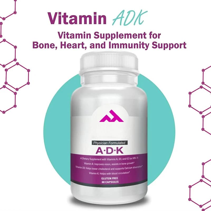 Integratore vitaminico ADK 5000 IU: le vitamine ad alta efficienza A, D3, e K2 favoriscono la salute ossea e l'assorbimento del calcio | 60 capsule