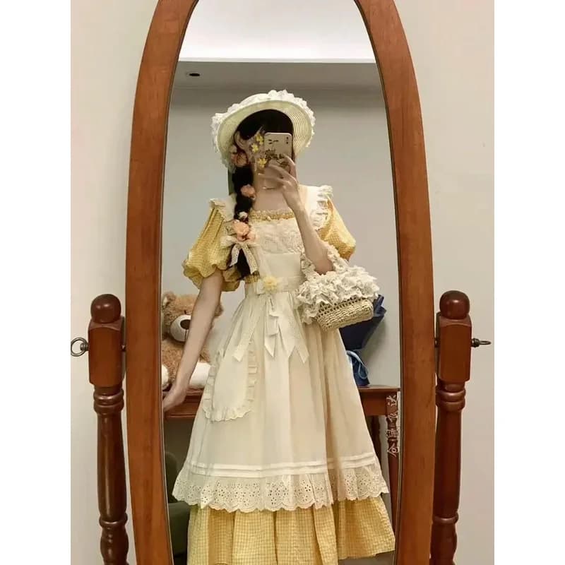 Stylish yellow dress with collar square slim style pastoral French Woman + Outer dress with volant Two-piece dress 2025 Spring