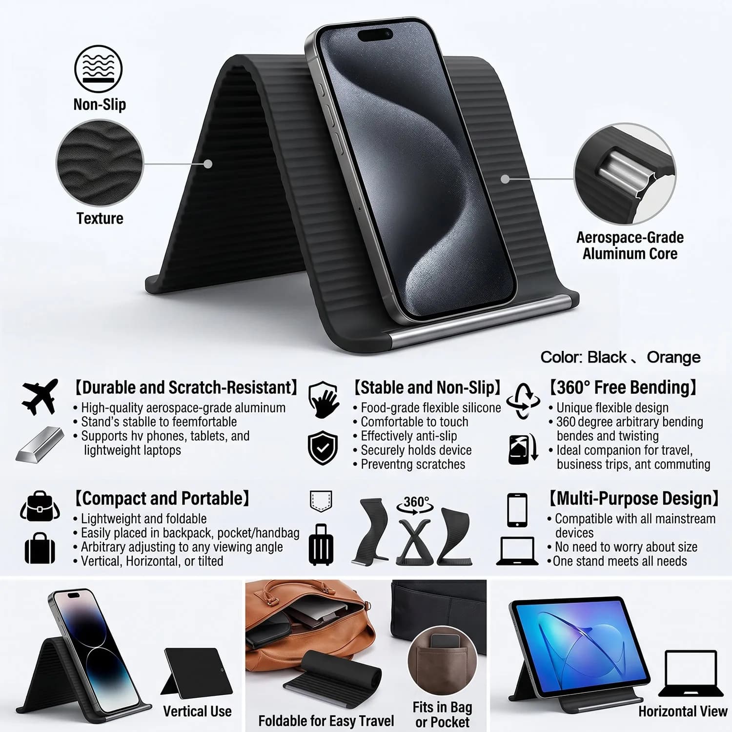 Supporto per Telefono in Silicone Pieghevole Portatile, Flessibile e Anti-Caduta per Ufficio e Viaggio, Universale per Telefoni, Tablet e Laptop
