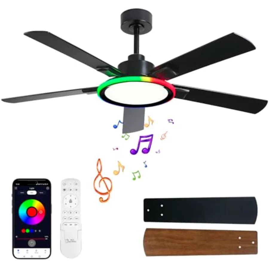 Ventilatore da soffitto 52 con luce per soggiorno, pale in ABS, bianco, altoparlante Bluetooth, illuminazione regolabile a spettro completo