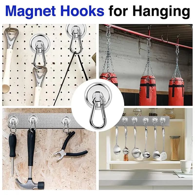 HGHO 12 Pack Strong Magnetic Hooks, 60LBS Heavy Duty Magnet Hooks Strong Magnets with Carabiner Hook