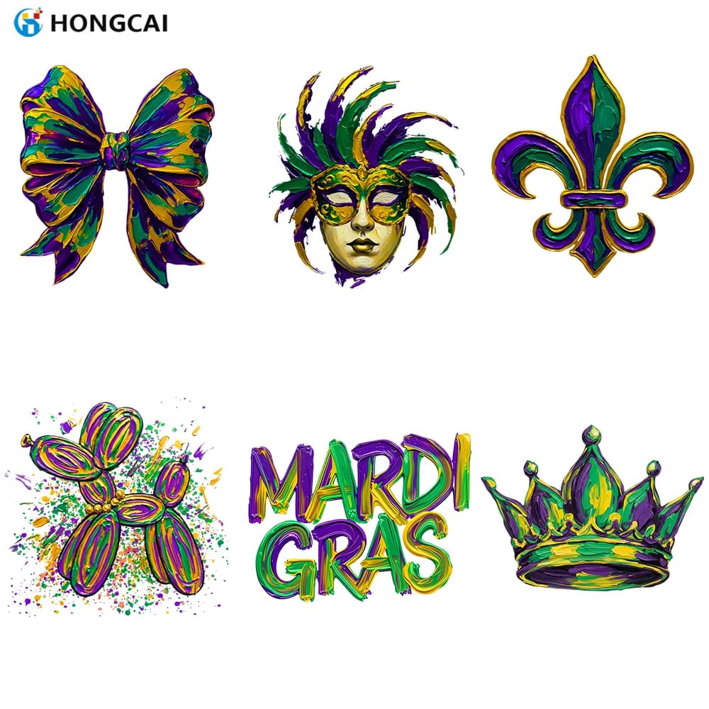 Set di 6 Decalcomanie in Vinile Termotrasferibili per Mardi Gras, Perfette per Decorare Magliette, Felpe e Borse