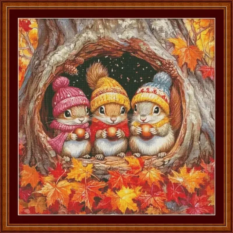 [ZZ7931-Three Little Squirrels in Autumn] Stamped Cross Stitch Kit 11/14/16/18CT Pre Printed Canvas Cotton Thread DIY Embroidery