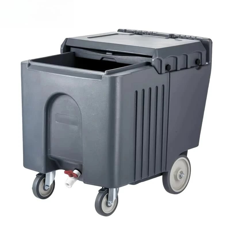 Passeggino per il ghiaccio con copertura scorrevole per carrello per il ghiaccio mobile con isolamento termico in plastica da 110 litri per hotel con ruote