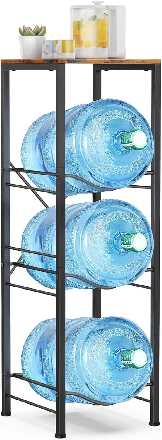 3 level bottle holder for 5 Gallon containers with storage shelf, kitchen organizer, office, living room in brown
