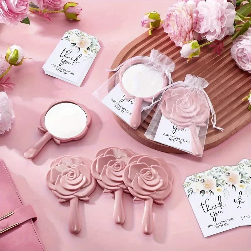24 pz/8 set Specchietti a forma di rosa per bomboniere di matrimonio, in plastica, per addio al nubilato, con biglietti di ringraziamento e sacchetti in organza per regali damigelle, 8 cm