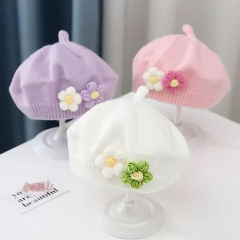 Cappello berretto da bambino fiore berretto invernale caldo lavorato a maglia per bambine coreane bambino principessa artista berretti da pittore tinta unita