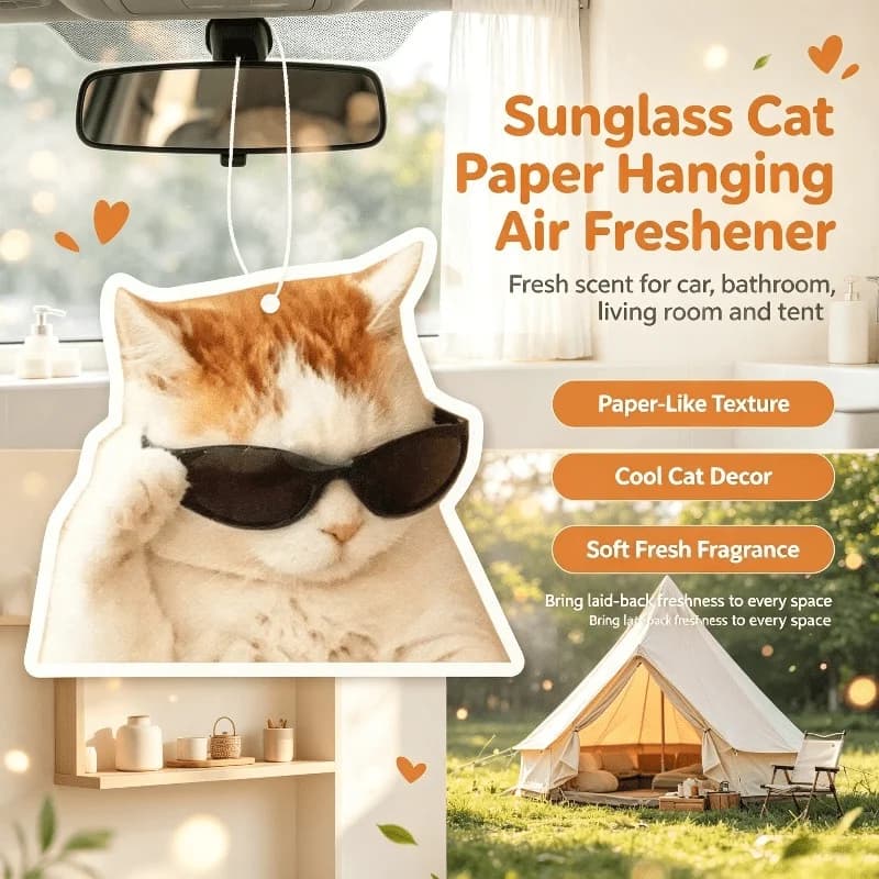 Car Air Freshener Cool Sunglass Orange Cat Hanging Scent Card for Car Interior Rearview Mirror Ornament Gift