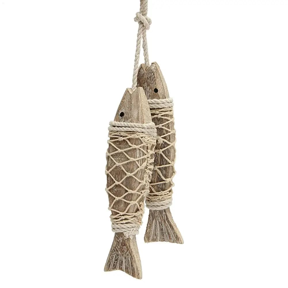 Decorazione Boho a Forma di Pesce, Set di 2 Sculture in Legno Antico con Rete da Pesca, Arte Estetica per Casa, Barche, Balconi, Pub