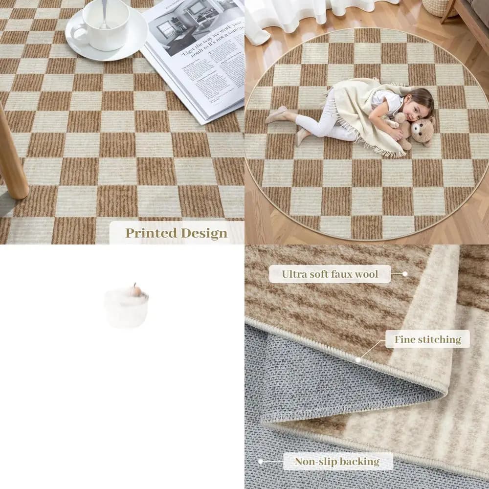 Tappeto lavabile a quadretti da 6 piedi: sala giochi, bambini, antiscivolo, cerchio neutro, geometrico, morbido tappeto per aula, dormitorio, camera da letto