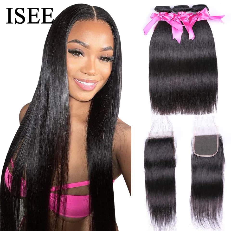 Straight hair band with ISEE Hair Remy closure human hair bundles with front Brazilian fabric bundles with closure