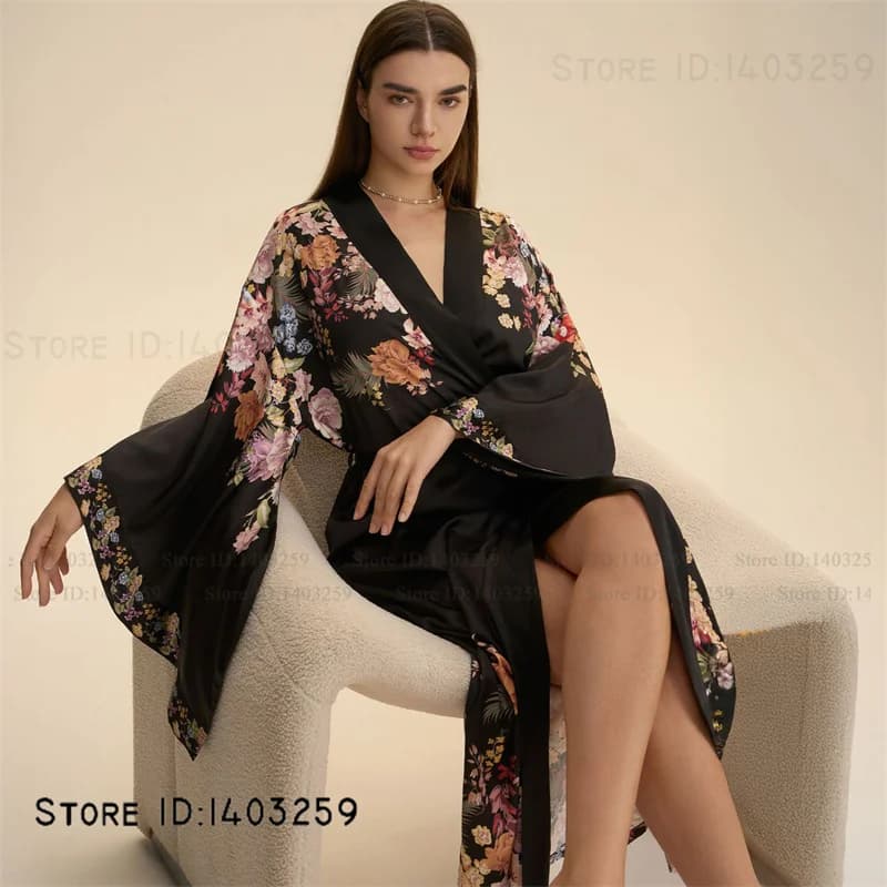 Stampa Fiore Abito lungo Camicia da notte per le donne Raso di seta Indumenti da notte femminili Kimono Abito Accappatoio Allentato Casual Abito da casa Abbigliamento da salotto