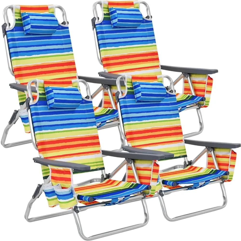 Sedia da spiaggia, sedie da spiaggia pieghevoli per zaino per adulti con 5 posizioni, cuscino per la testa, borsa termica, portasciugamani, portabicchieri,