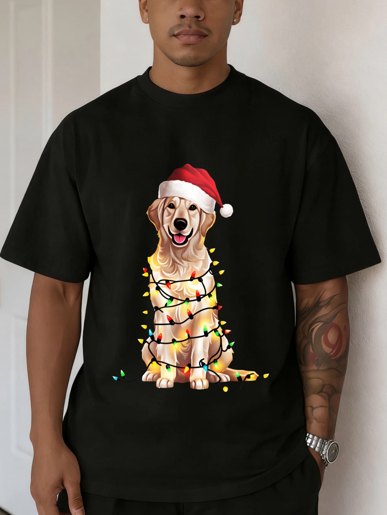T-Shirt da Uomo Oversize in Cotone con Stampa Natalizia Divertente di Cane, Manica Corta, Casual, per l'Estate, Regalo per Lui
