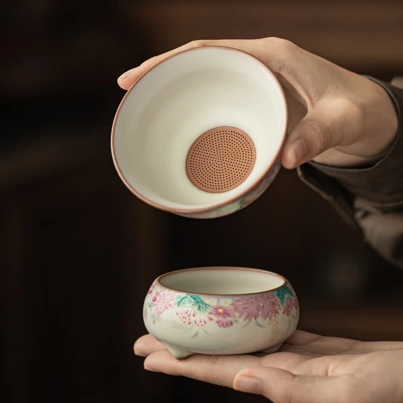 Set Infusore per Tè in Ceramica con Motivo Giardino Smaltato, Filtro per Tè Gongfu, Uso Domestico, Regalo per Cerimonia del Tè Cinese