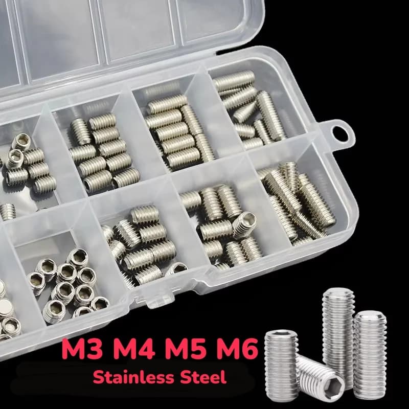 Stainless Steel M3 M4 M5 M6 Assortment Kit Allen Head Grub Bolt Set Box Hex Socket Flat End Set Screw