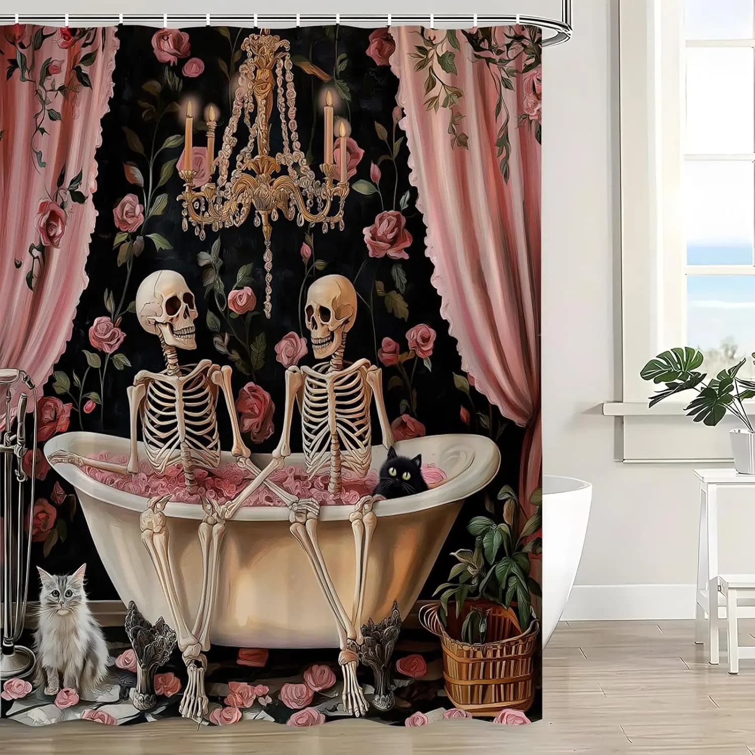 Divertente teschio scheletro tenda da doccia gotico spettrale amanti dello scheletro nella vasca da bagno rosa rosa floreale gatto nero Halloween Creepy Horror