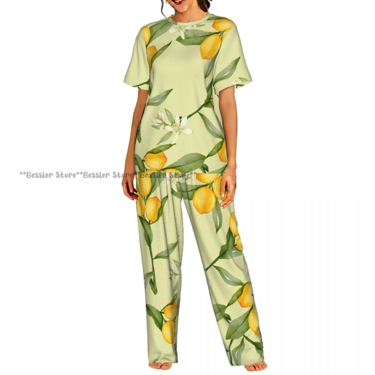 Women's casual pajamas set with short sleeved pants with lemon leaves and yellow citrus
