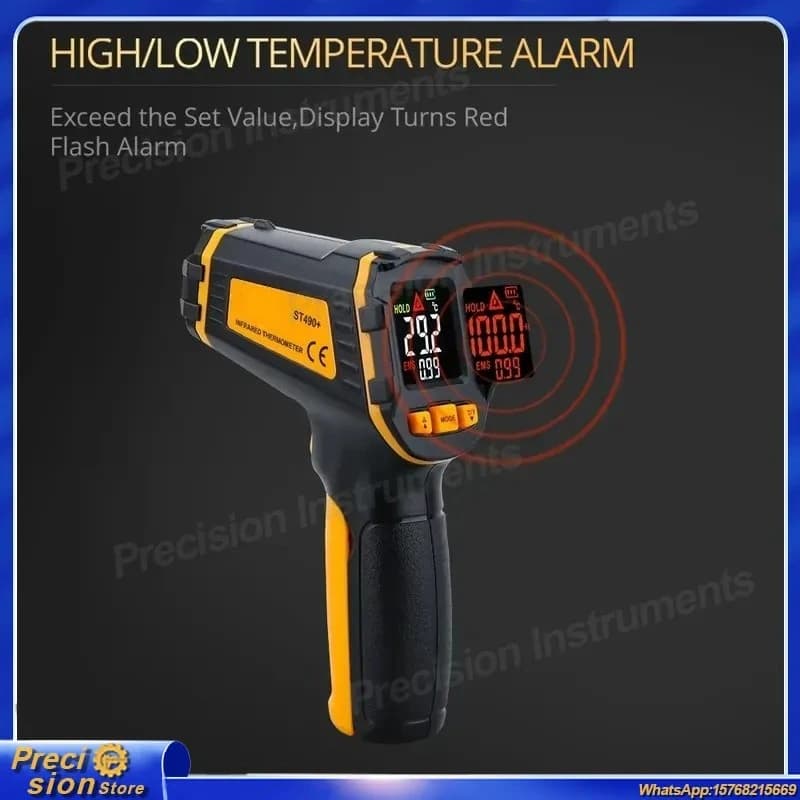 Termometro Digitale a Infrarossi Senza Contatto con Laser, Pistola Termometrica, Pirometro con Schermo LCD a Colori, Igrometro, Allarme Alta/Bassa Temperatura, Rapido
