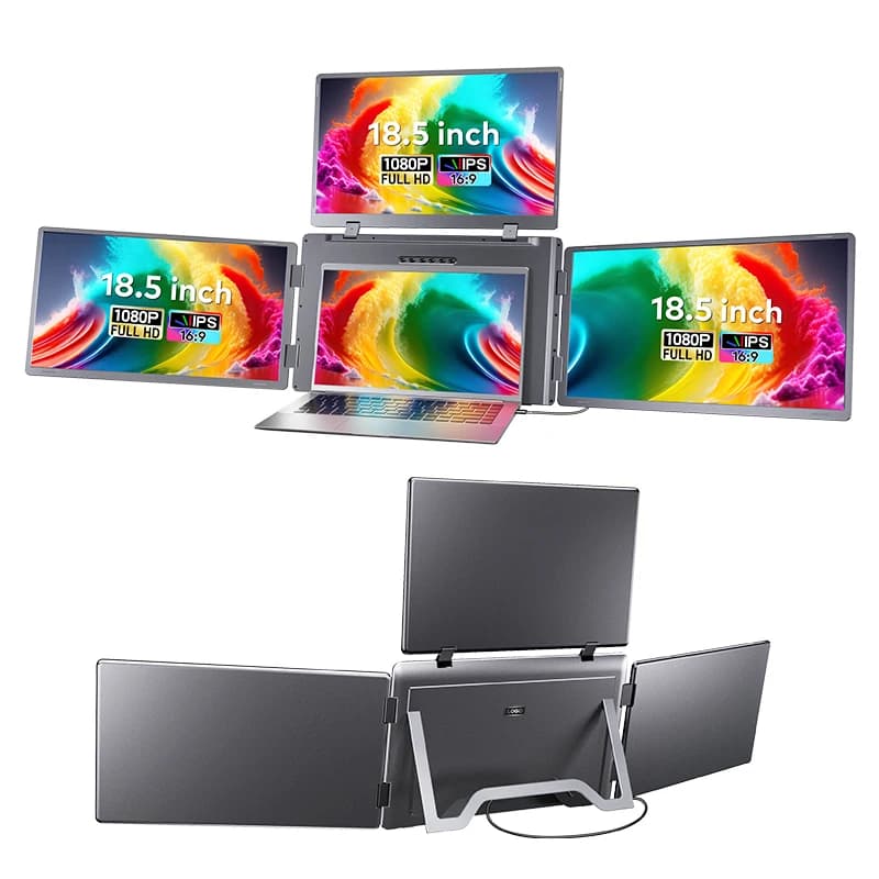 Monitor Triplo Portatile S999 da 18,5 Pollici con Schermo Pieghevole, Supporto Regolabile e Schermo Superiore Ribaltabile a 180° per Ufficio