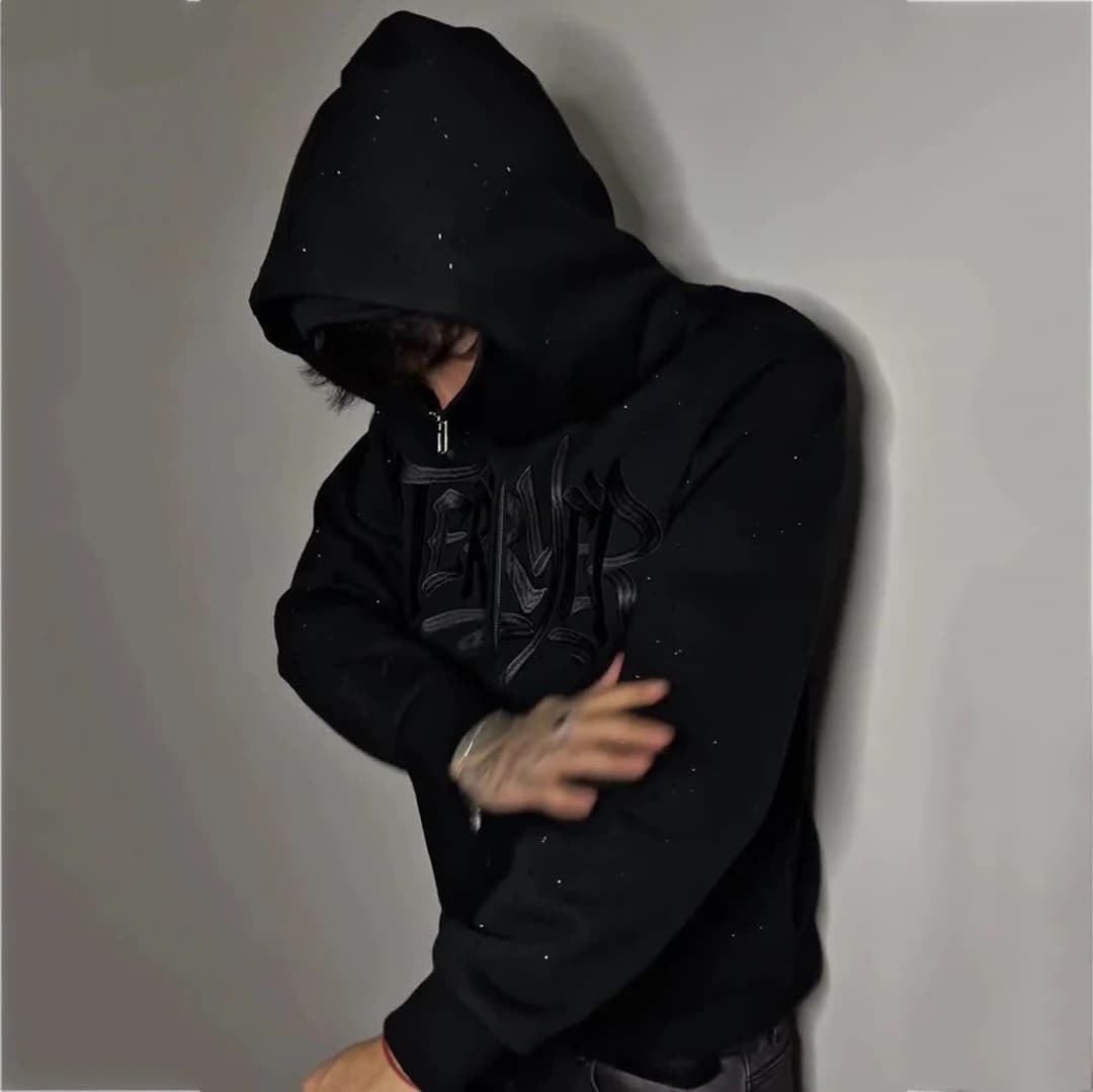 2026 new autumn and winter full print hot stamping diamond double hat hoodie dark style unisex cardigan embroidery