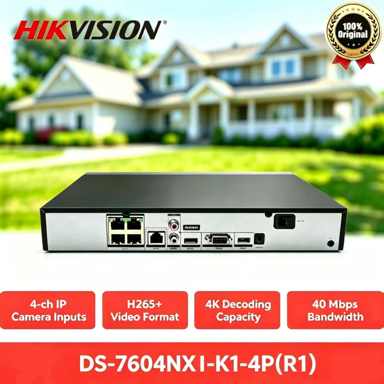 Hikvision NVR DS-7604NXI-K1-4P(E), Registratore di sicurezza con tecnologia AcuSense AI, sistema CCTV domestico con compressione H.265+ per telecamere IP