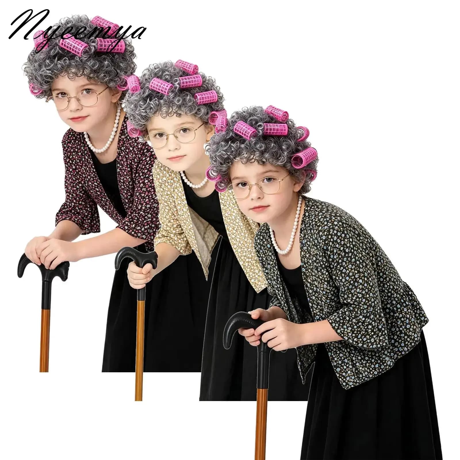 Costume da Nonna per Bambine, Set Completo con Cardigan Arricciato, Parrucca, Collana, Occhiali, Rete per Capelli e Bastone, Outfit per 100 Giorni di Scuola
