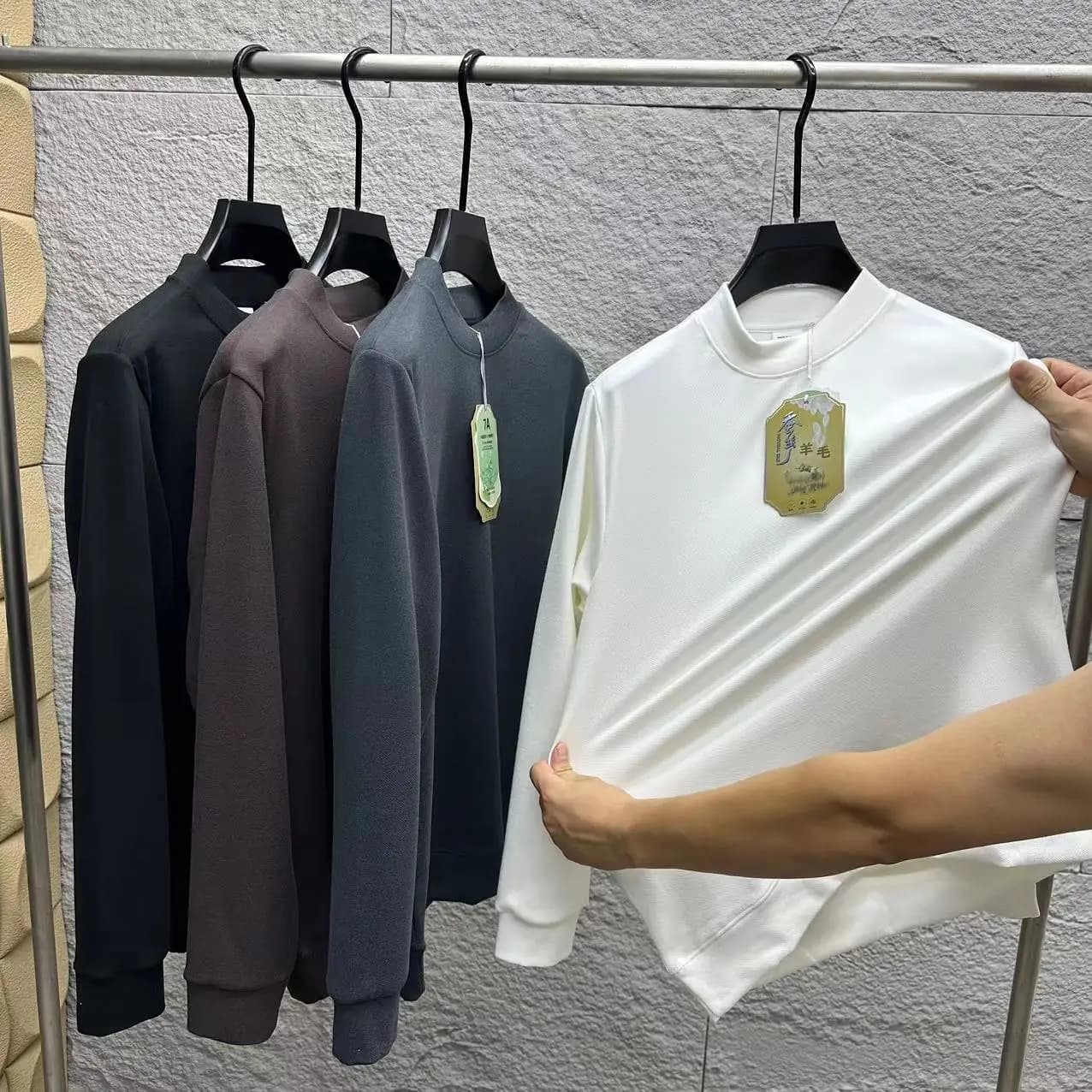 7A Tech Wool Silk Self-Heating High Collar Warm Base Shirt Men's Loose Long Sleeve T-Shirt Hoodie Stand Collar Color