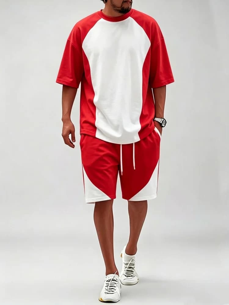 Men Bold Red White Contrast Patchwork Baggy Short Sleeve T Shirt Relaxed Fit Casual Shorts Street Sport Daily Two Piece Outfit
