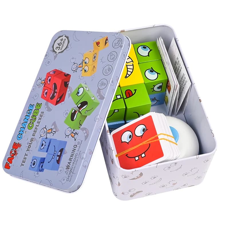 Set di giocattoli educativi per l'apprendimento di grandi dimensioni Carte Emoticon Puzzle Cubi per il cambiamento del volto Giocattoli in legno Gioco di blocchi di costruzione per bambini Bambini