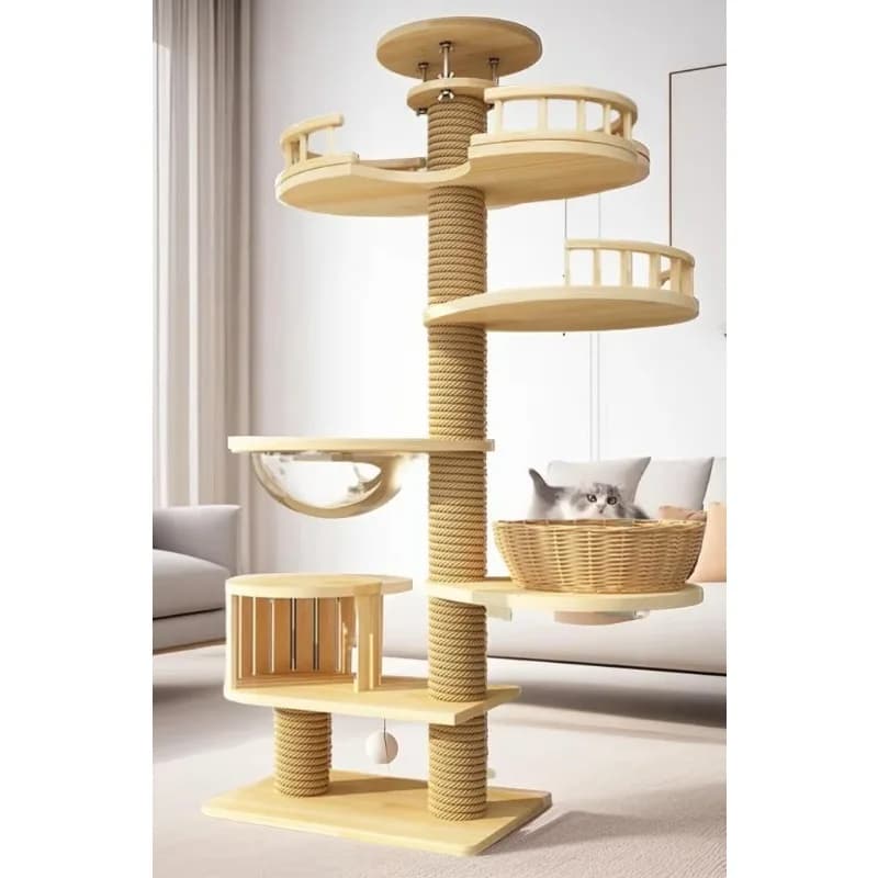 Moderno Albero per Gatti di Lusso in Legno Robusto, Piattaforme di Salto Multi-Livello dal Pavimento al Soffitto, Classica Casa per Gatti con Struttura per Arrampicarsi