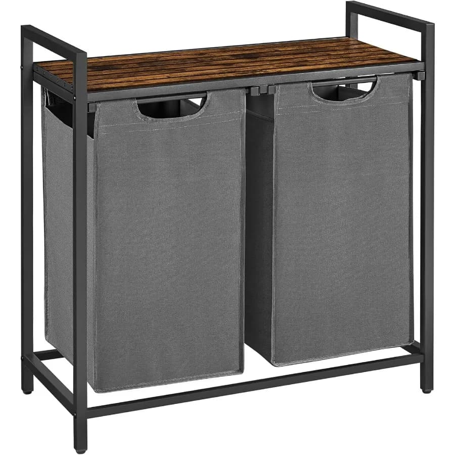 Wooden basket with 2 removable bags and storage shelf with metal frame to sort clothes, 2 x 12,1 gallons, 46 litre cap