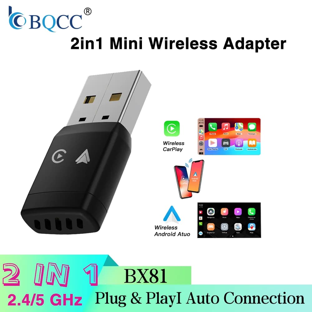 BQCC 2 In 1 Wired To Wireless Carplay Android Automatic Adapter Car Gadget Smart Box Plug and Play 5Ghz Wifi Fast Connection