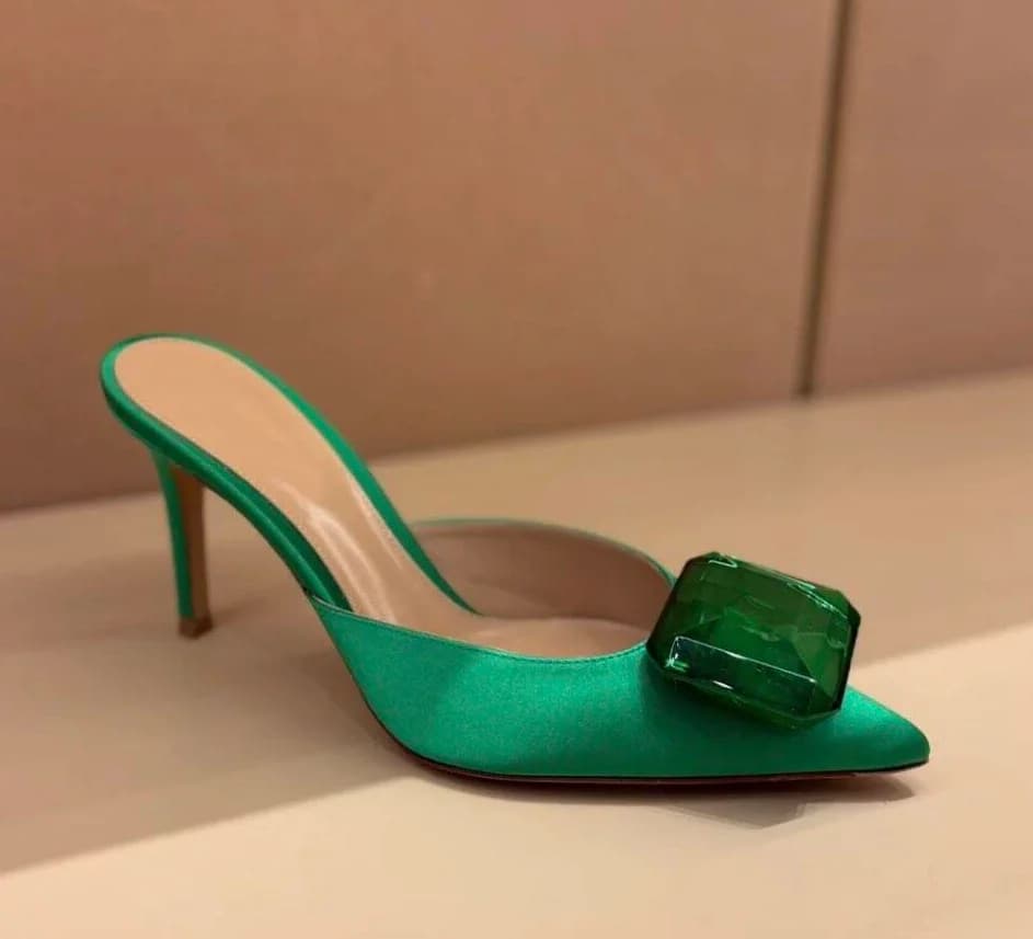 Satin Pointed Toe Crystal Outdoor Summer Women Slippers Stiletto High Heels Pull On Large Size Closed Toe Fashion Lady Shoes