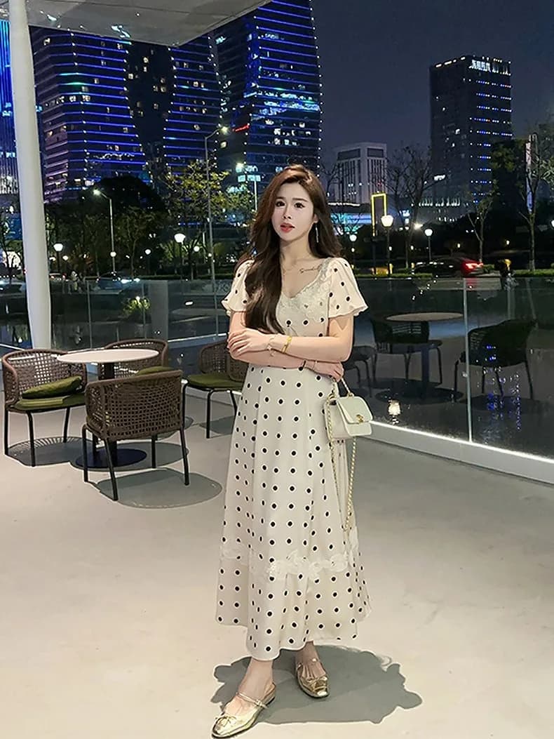 Slimming Polka Dot Lace Splice Summer Dress Women's Short Sleeve V Neck French Style Loose Fit Casual Midi Dress by Li Xiaosha