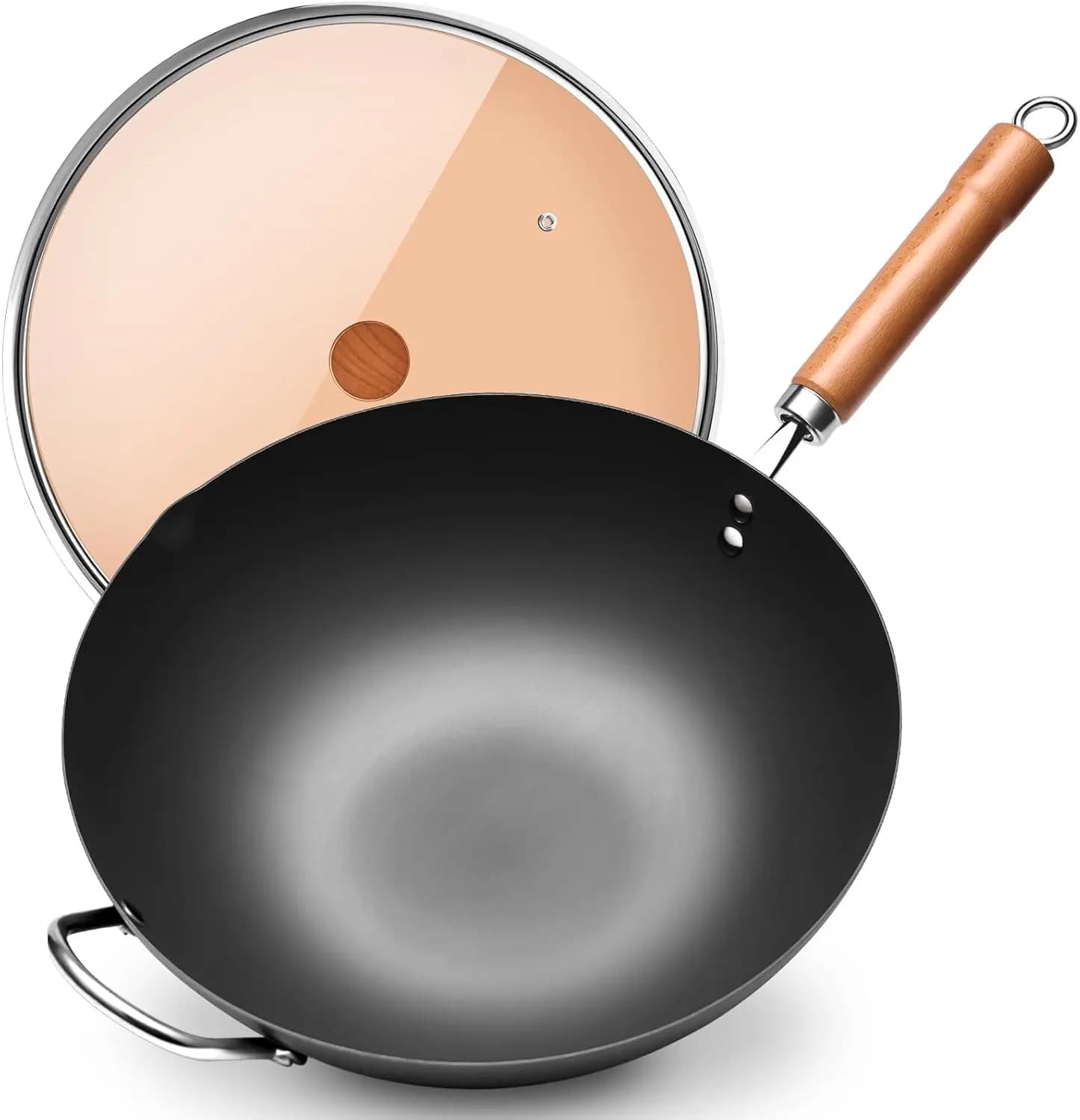 Traditional 32 cm Iron Wok with Flat Bottom for All Stoves, Jumping pan with Fast Heating