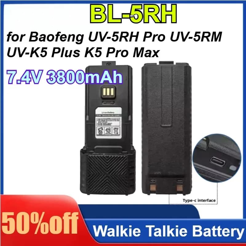 Batteria Estesa BL-5RH per Baofeng UV-5RH Pro UV-5RM UV-K5 Plus K5 Pro Max 7.4V 3800mAh con Ricarica Type-C per Walkie Talkie