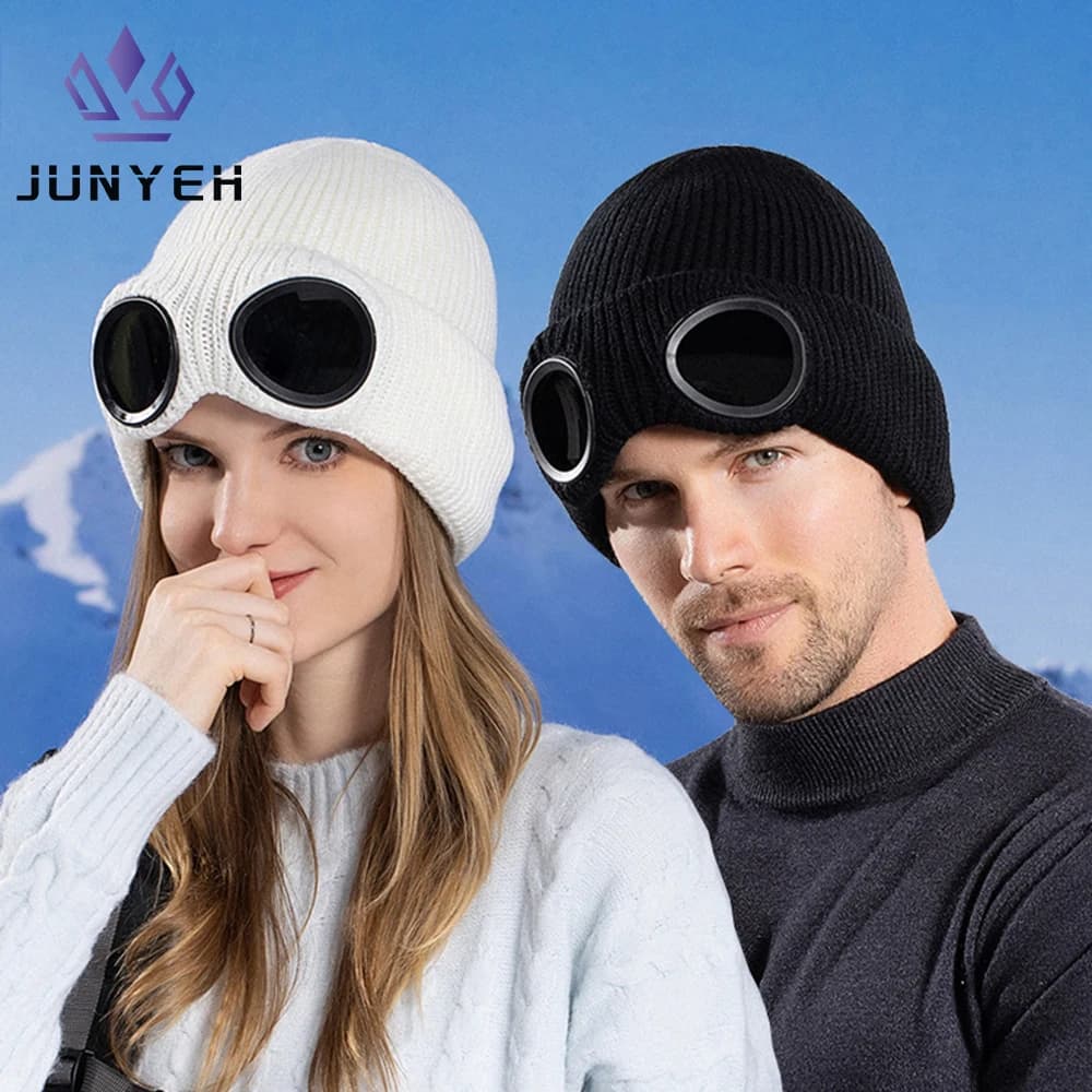 Cappelli a cuffia caldi invernali Donna Uomo Occhiali antivento Berretto da sci lavorato a maglia Protezione per le orecchie esterna Cappello da alpinismo