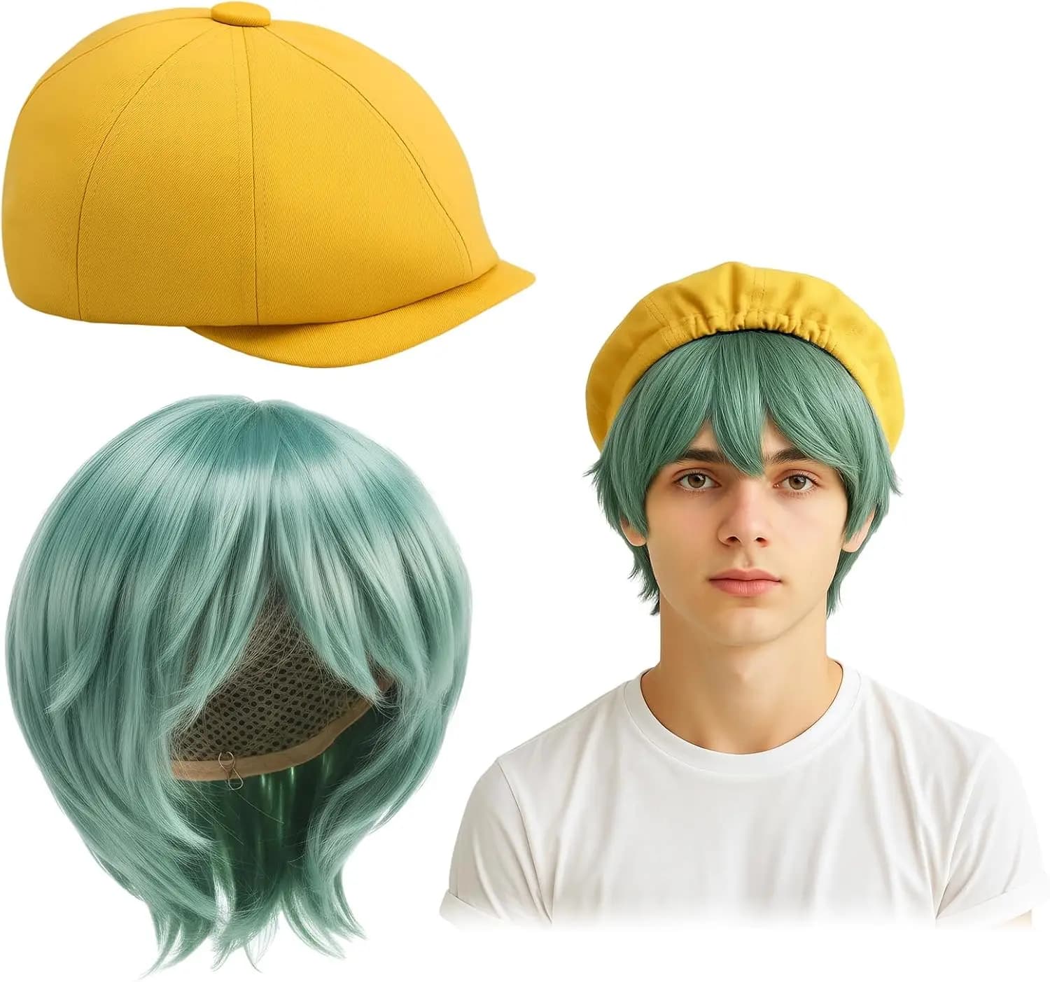 Gioco di ruolo di Halloween Accessori per costumi cosplay a tema K-pop Parrucca verde e cappello giallo per costume per adulti