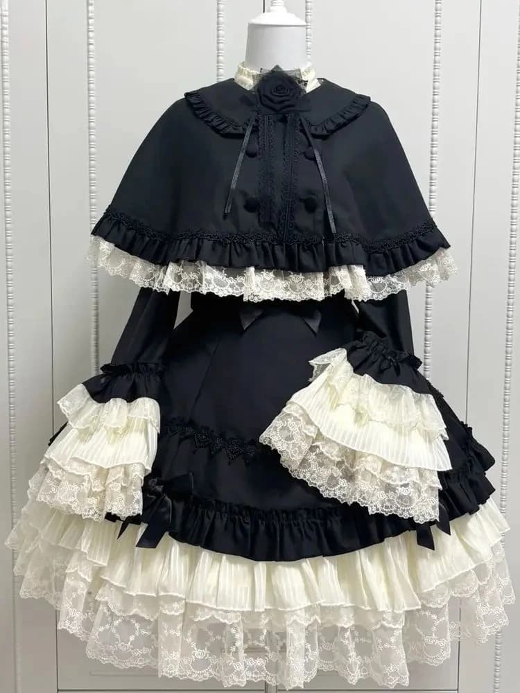 Completi da donna Y2K Lolita Style a 2 pezzi: Top corto dolce, scialle, tunica con fiocco, patchwork, maniche a campana in pizzo, abiti di alta gamma