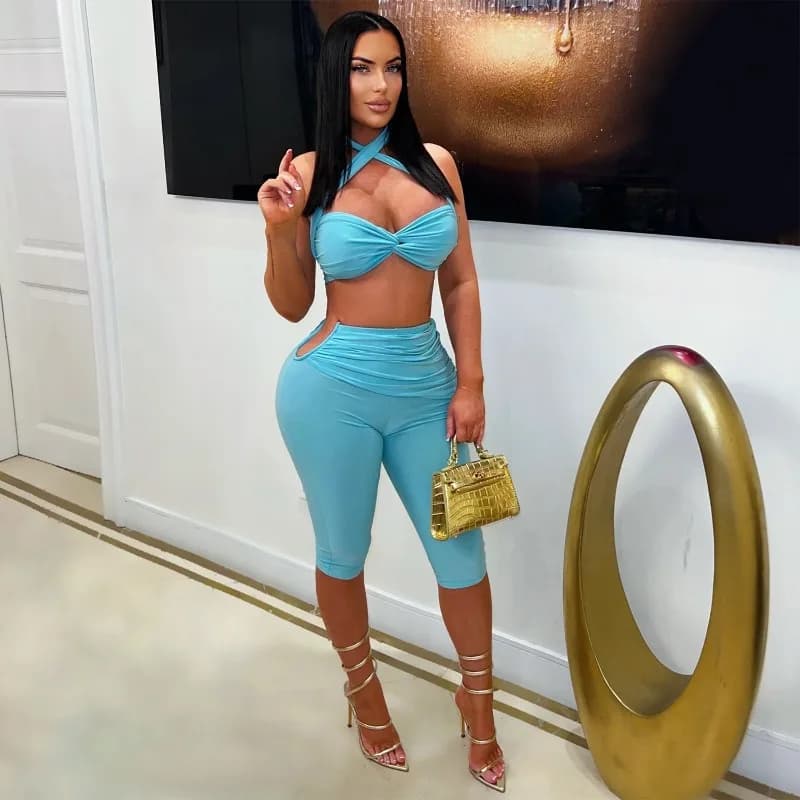 Twist Ruched Solid 2 Piece Set Women Strapless Cross Lace Up Halter Backless Tube Tops + Skinny Calf Length Pants Sexy Suits