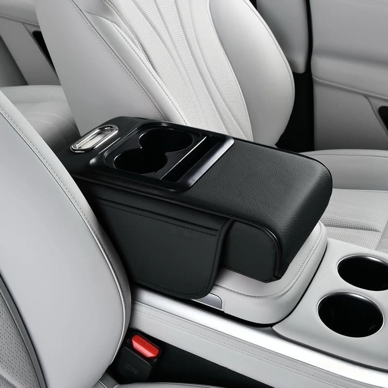 Scatola portaoggetti espandibile con portabicchieri e slot per telefono - Copri bracciolo multifunzionale | Ecopelle - Adatta alla maggior parte dei modelli di auto