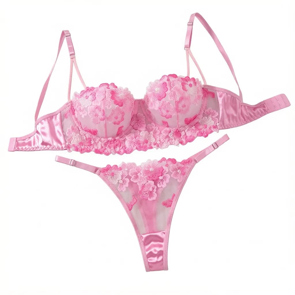 Women Pink Floral Embroidery Lingerie Set Satin Sheer Mesh Underwire Bra & Thong Romantic Intimate Underwear ZA825121