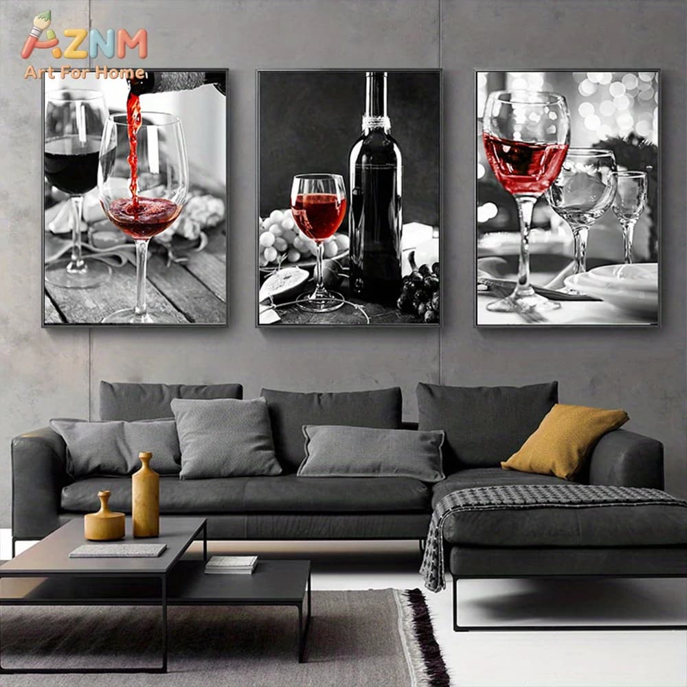 3PCS Red Wine Glass Black White Canvas Wall Art Set Modern Kitchen Bar Prints Unframed Home Decor Posters